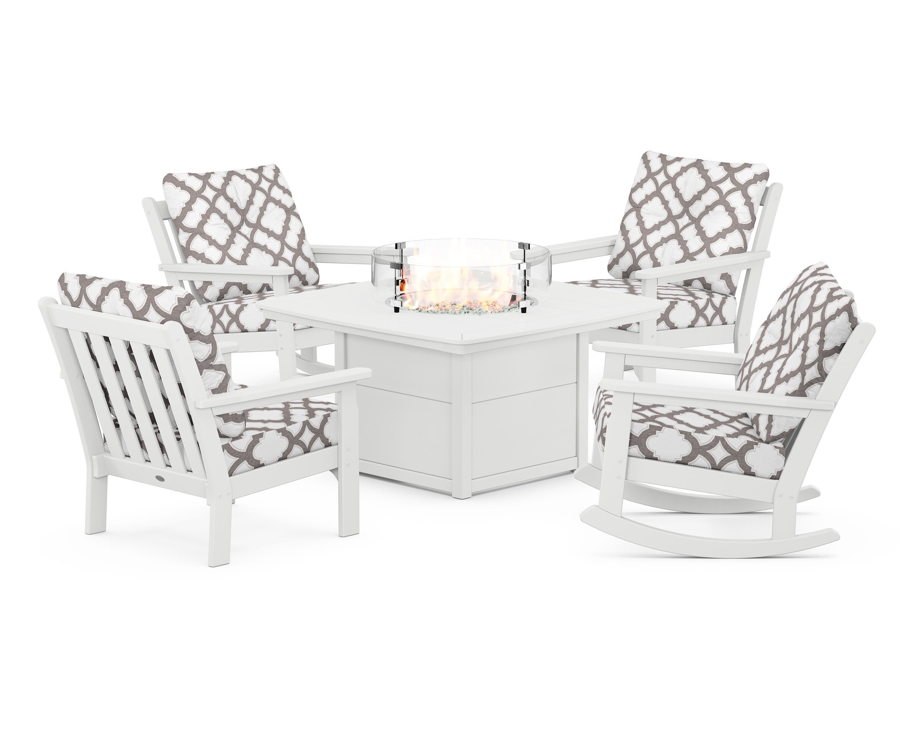 POLYWOOD® Vineyard 5-Piece Deep Seating Rocking Chair Conversation Set with Fire Pit Table in White / Trellis Grey Mist