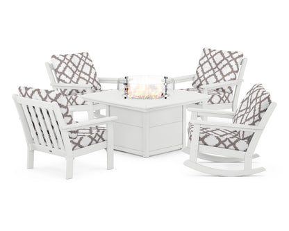 POLYWOOD® Vineyard 5-Piece Deep Seating Rocking Chair Conversation Set with Fire Pit Table in White / Trellis Grey Mist