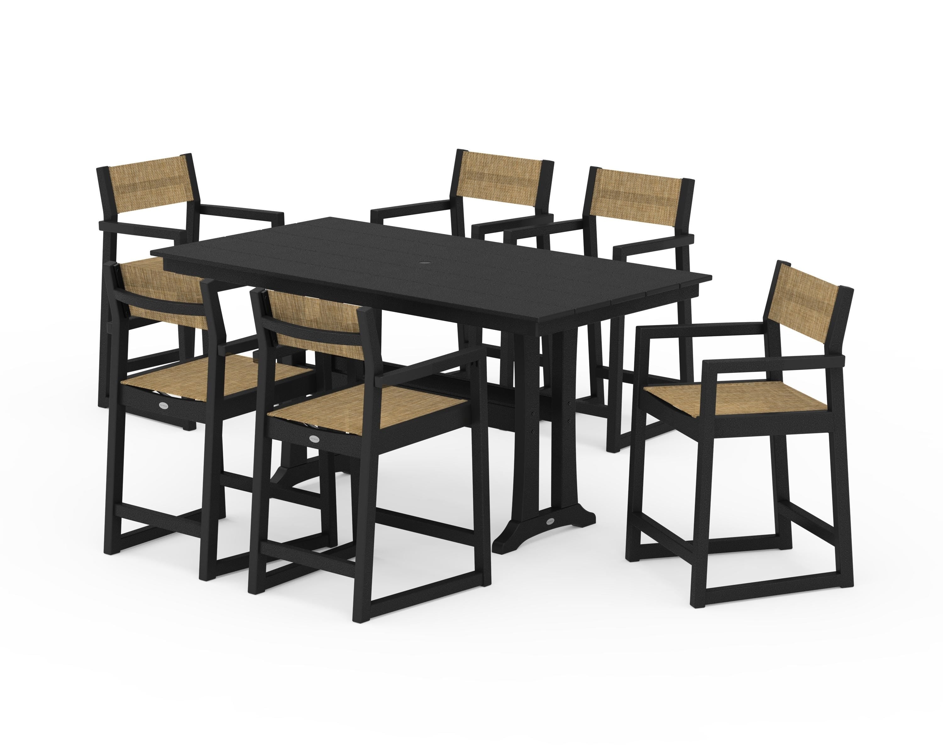 POLYWOOD® EDGE Sling Arm Chair 7-Piece Farmhouse Counter Set with Trestle Legs in Black / Burlap Sling