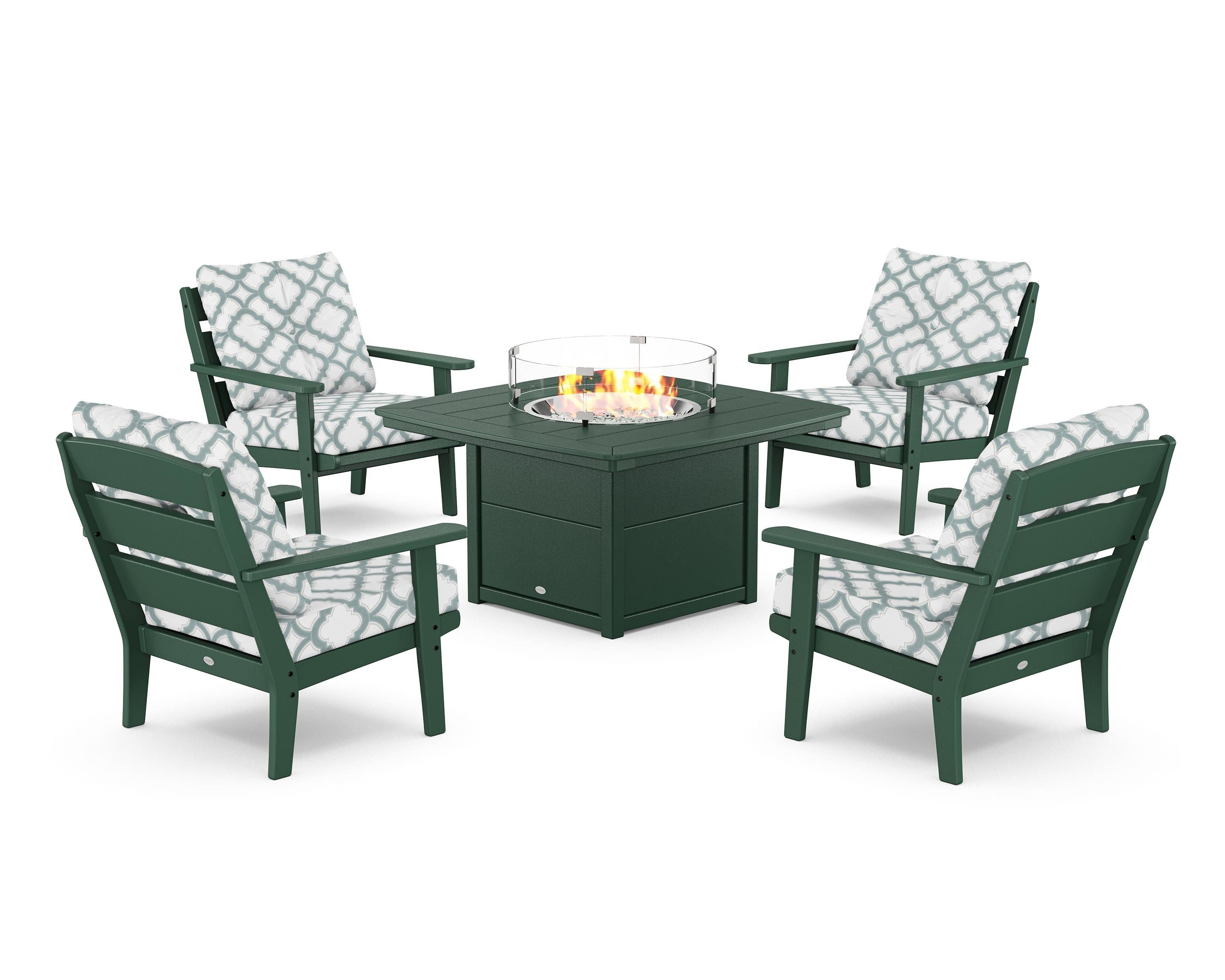 POLYWOOD® Lakeside 5-Piece Deep Seating Set with Nautical Fire Pit Table in Green / Trellis Glacier Spa