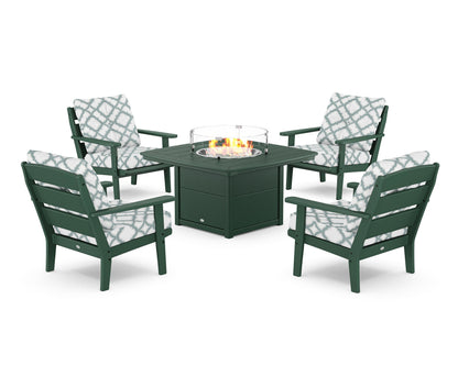 POLYWOOD® Lakeside 5-Piece Deep Seating Set with Nautical Fire Pit Table in Green / Trellis Glacier Spa