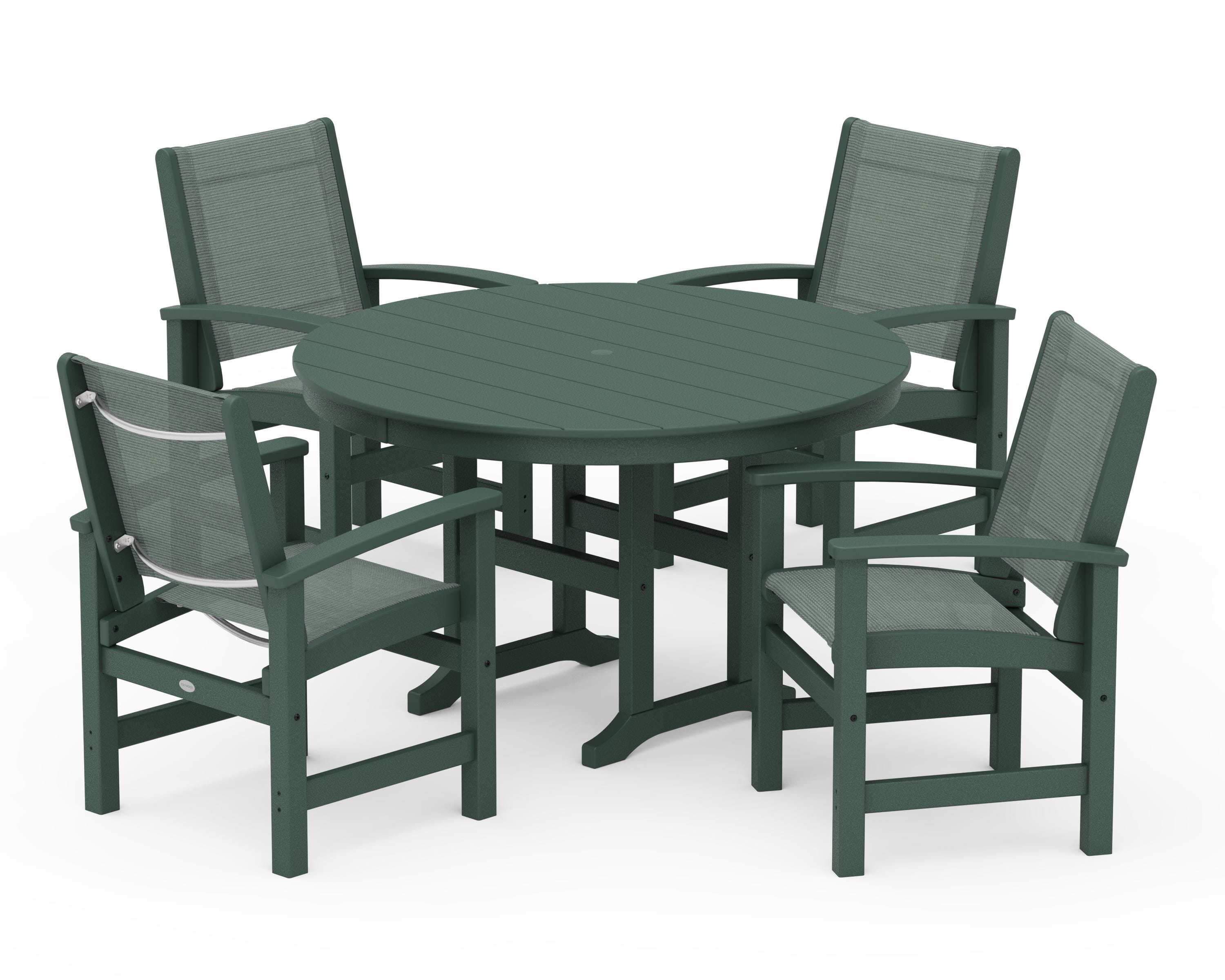 POLYWOOD® Coastal 5-Piece Round Farmhouse Dining Set in Green / Dupioni Sea Mist Sling