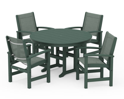 POLYWOOD® Coastal 5-Piece Round Farmhouse Dining Set in Green / Dupioni Sea Mist Sling