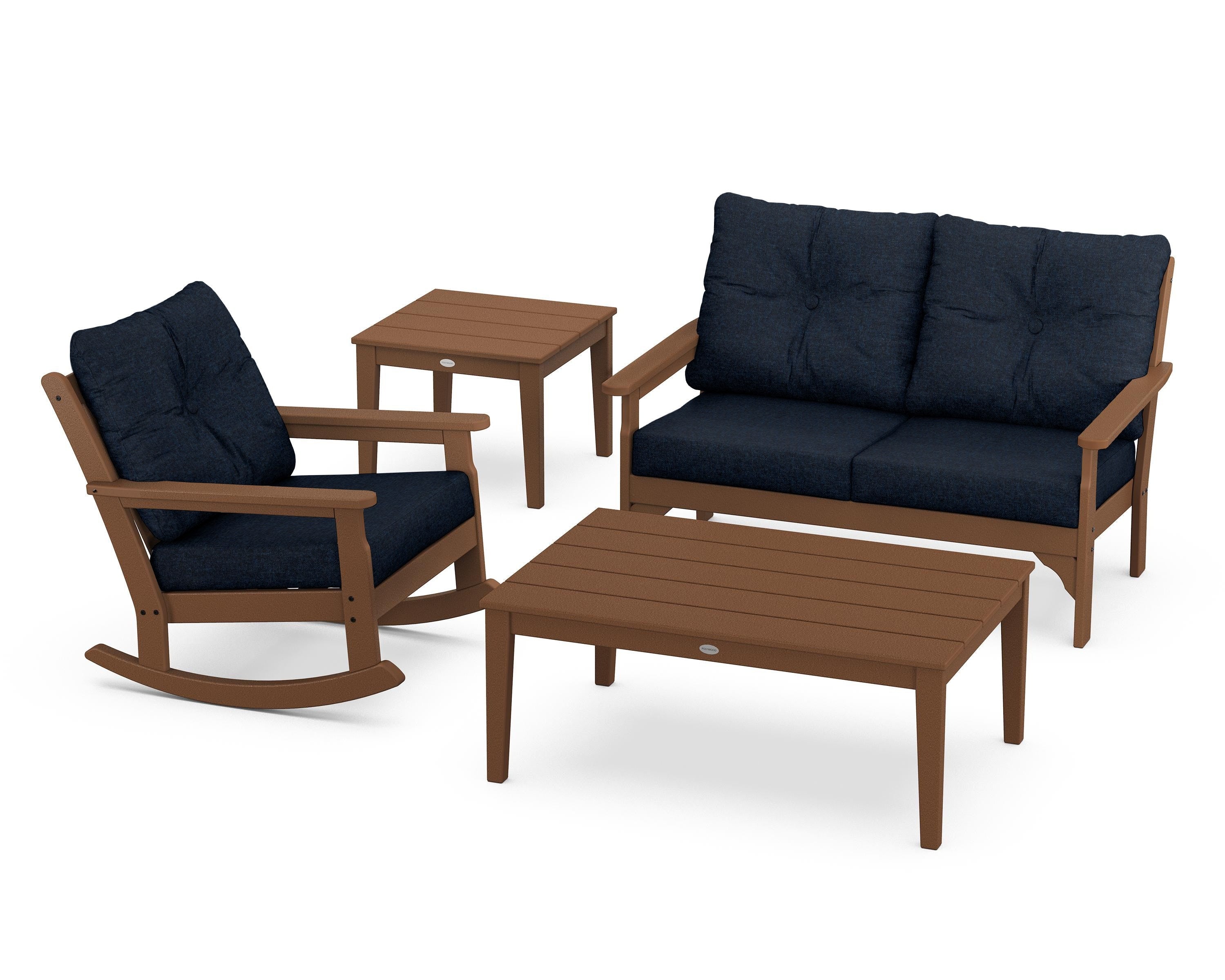 POLYWOOD® Vineyard 4-Piece Deep Seating Rocker Set in Teak / Marine Indigo