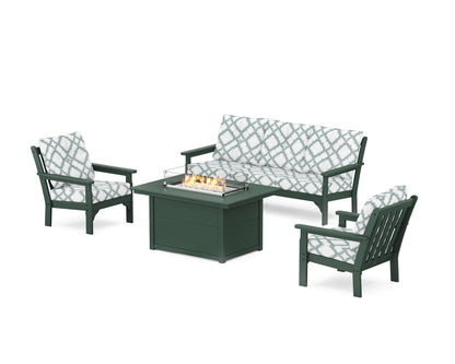 POLYWOOD® Vineyard Deep Seating Fire Pit Table Set in Green / Trellis Glacier Spa