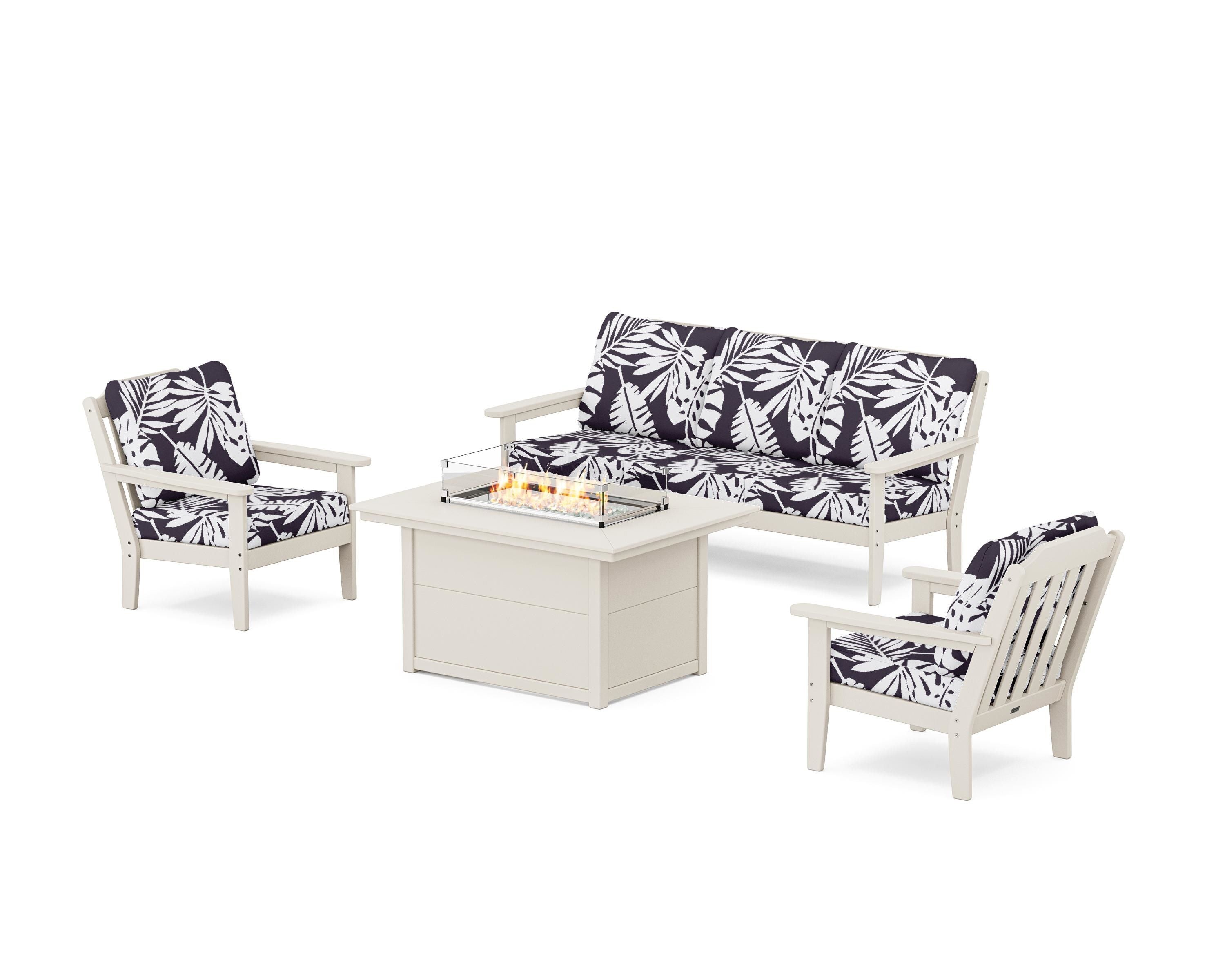 Country Living Cottage Deep Seating Fire Pit Table Set in Sand / Leaf Navy