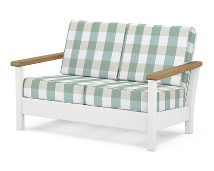 POLYWOOD® Harbour Deep Seating Loveseat in White / Natural / Buffalo Plaid Glacier Spa