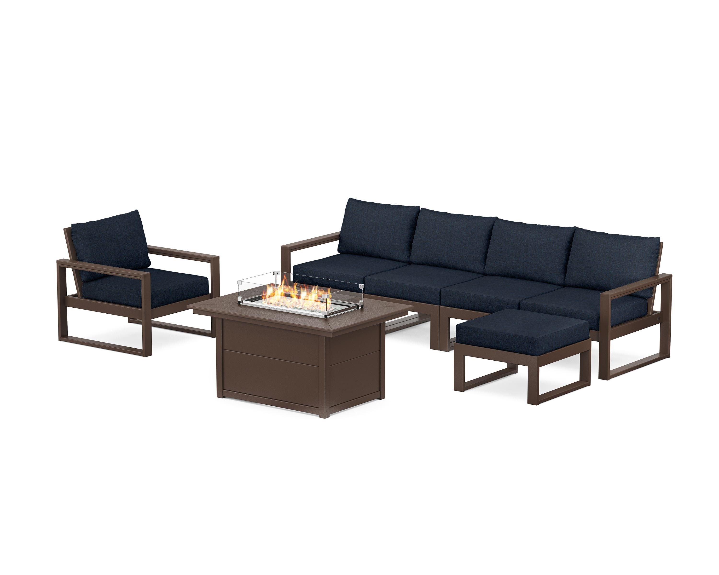 POLYWOOD® EDGE Sectional Lounge and Fire Pit Set in Mahogany / Marine Indigo