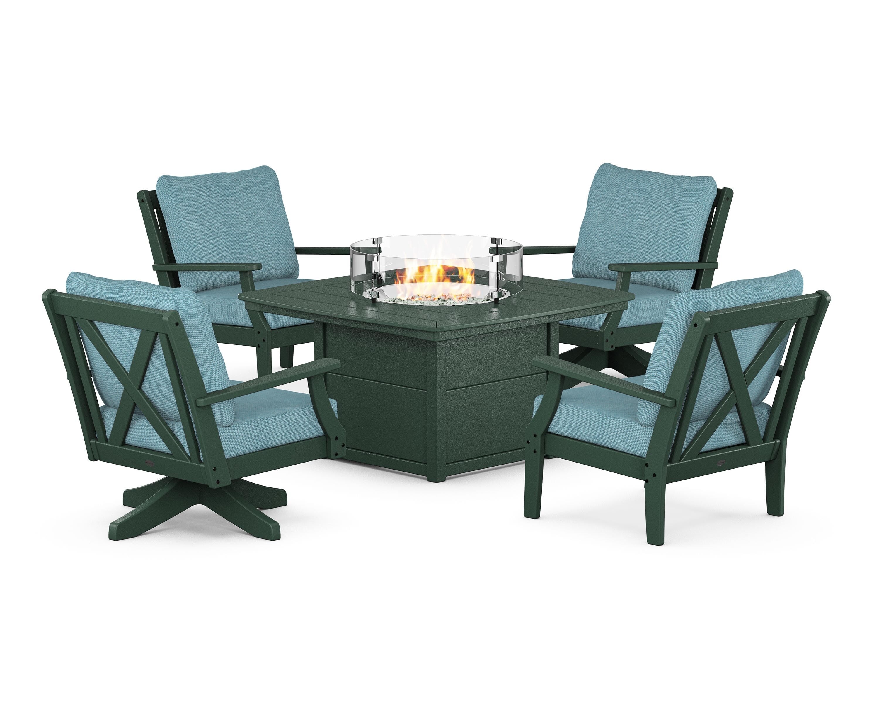 POLYWOOD® Braxton 5-Piece Deep Seating Set with Fire Table in Green / Lattice Sky Blue