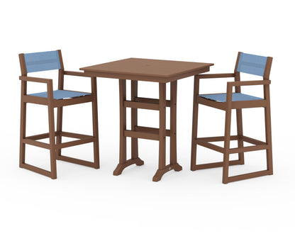 POLYWOOD® EDGE Sling Arm Chair 3-Piece Farmhouse Bar Set with Trestle Legs in Teak / Poolside Sling