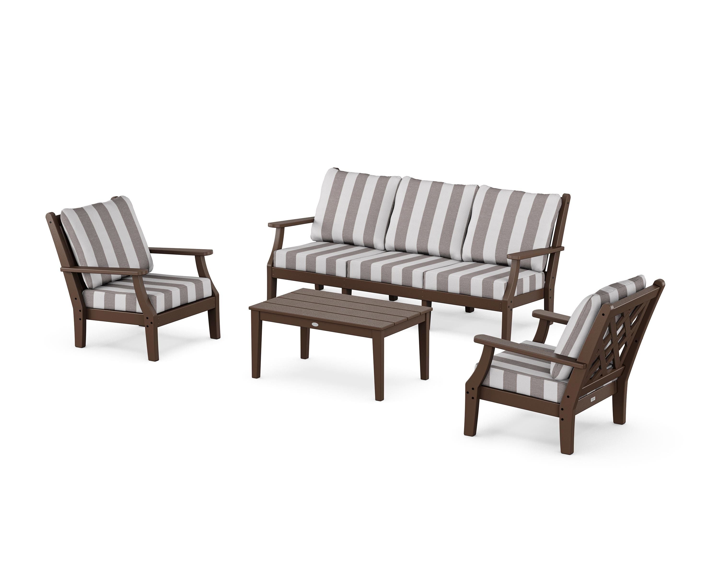 Country Living Wovendale 4-Piece Deep Seating Set with Sofa in Mahogany / Cabana Stripe Grey Mist