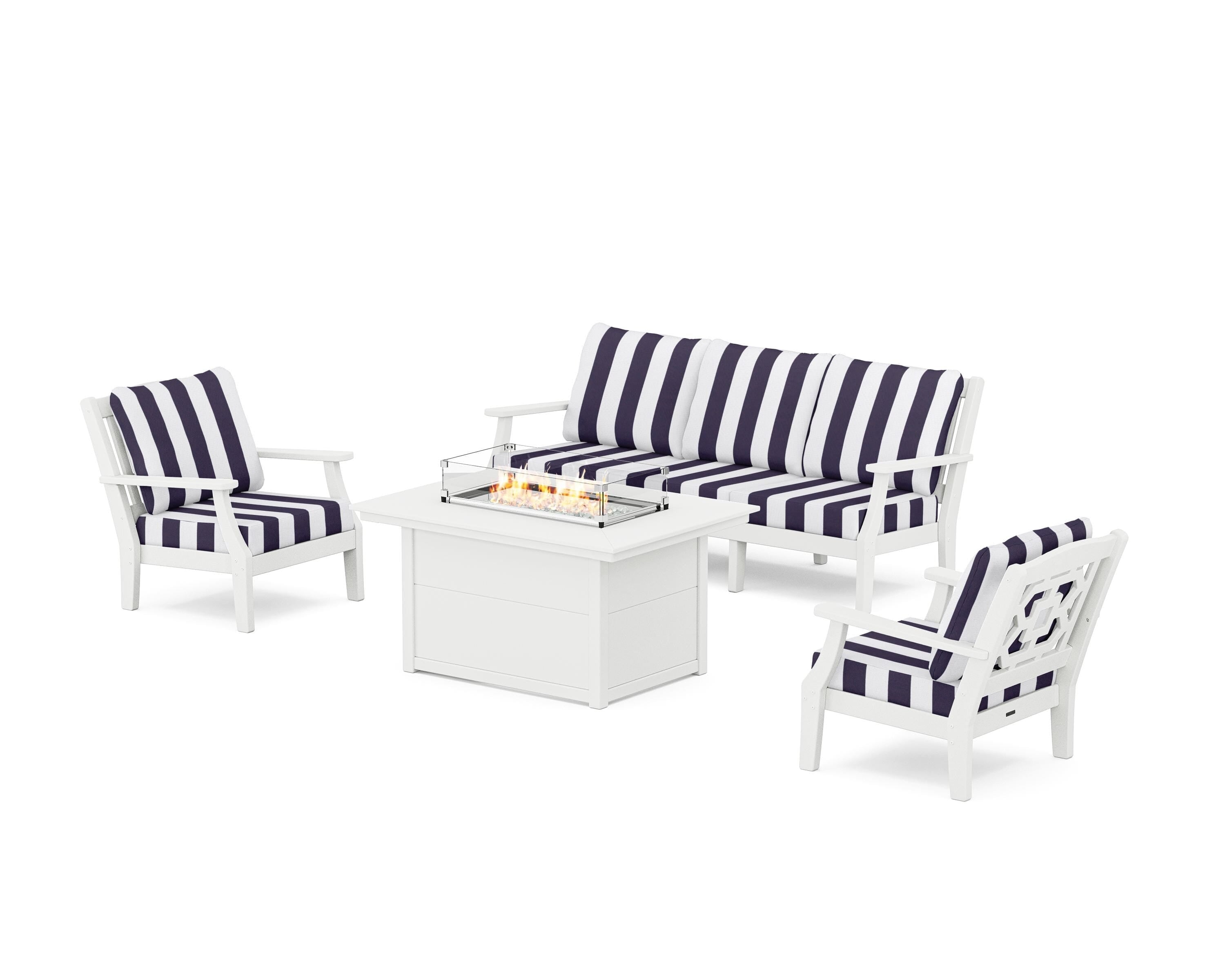 Martha Stewart by POLYWOOD® Chinoiserie Deep Seating Fire Pit Table Set in White / Cabana Stripe Navy