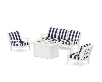Martha Stewart by POLYWOOD® Chinoiserie Deep Seating Fire Pit Table Set in White / Cabana Stripe Navy