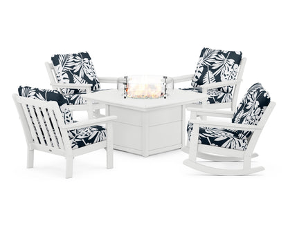 POLYWOOD® Vineyard 5-Piece Deep Seating Rocking Chair Conversation Set with Fire Pit Table in White / Leaf Marine Indigo