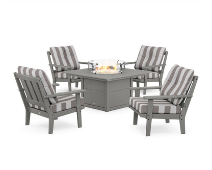 POLYWOOD® Oxford 5-Piece Deep Seating Set with Fire Pit Table in Slate Grey / Cabana Stripe Grey Mist