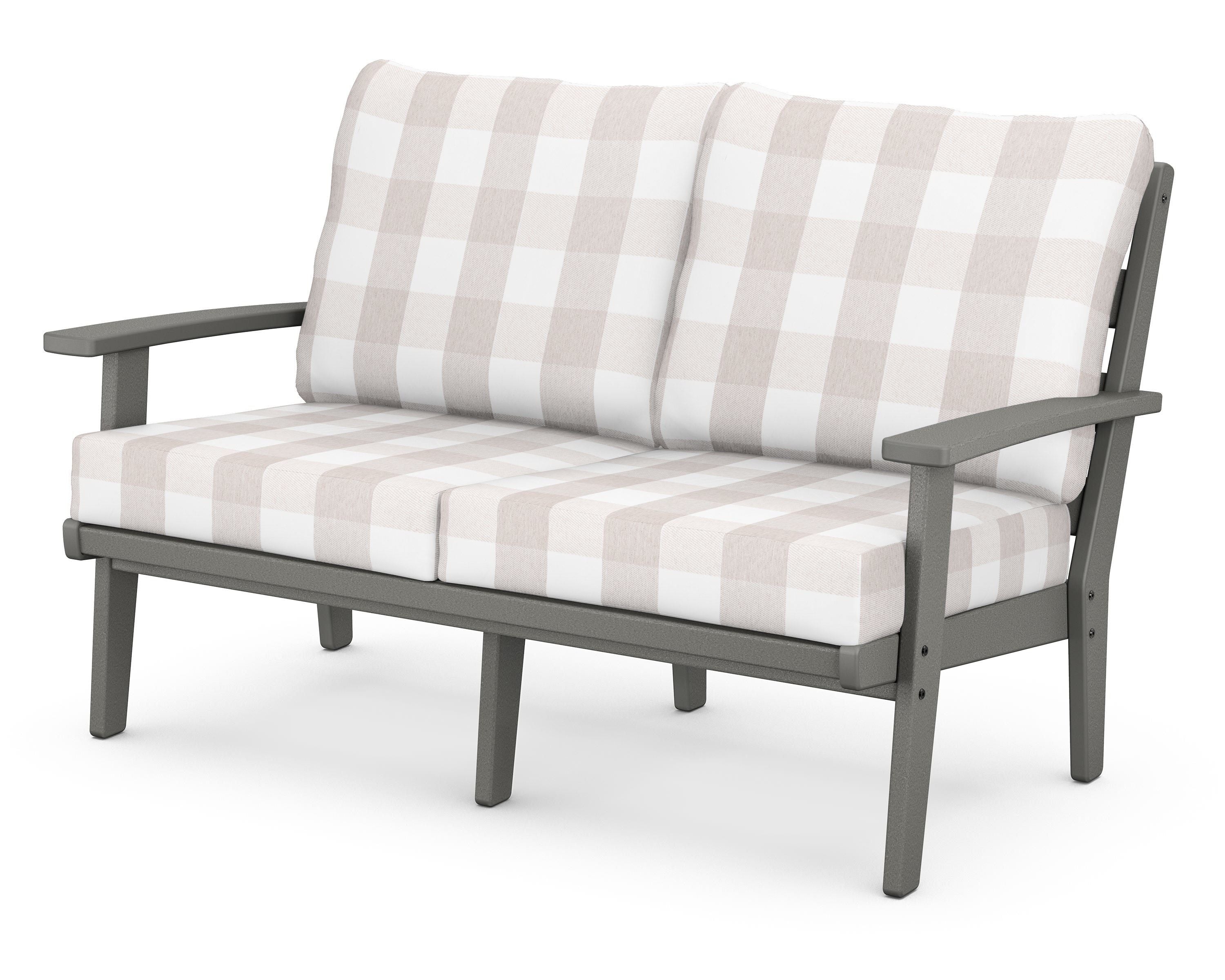 POLYWOOD® Grant Park Deep Seating Loveseat in Slate Grey / Buffalo Plaid Dune Burlap