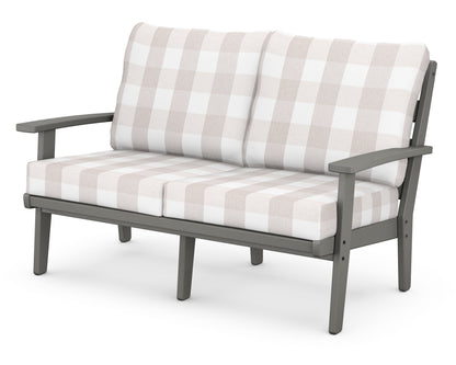 POLYWOOD® Grant Park Deep Seating Loveseat in Slate Grey / Buffalo Plaid Dune Burlap