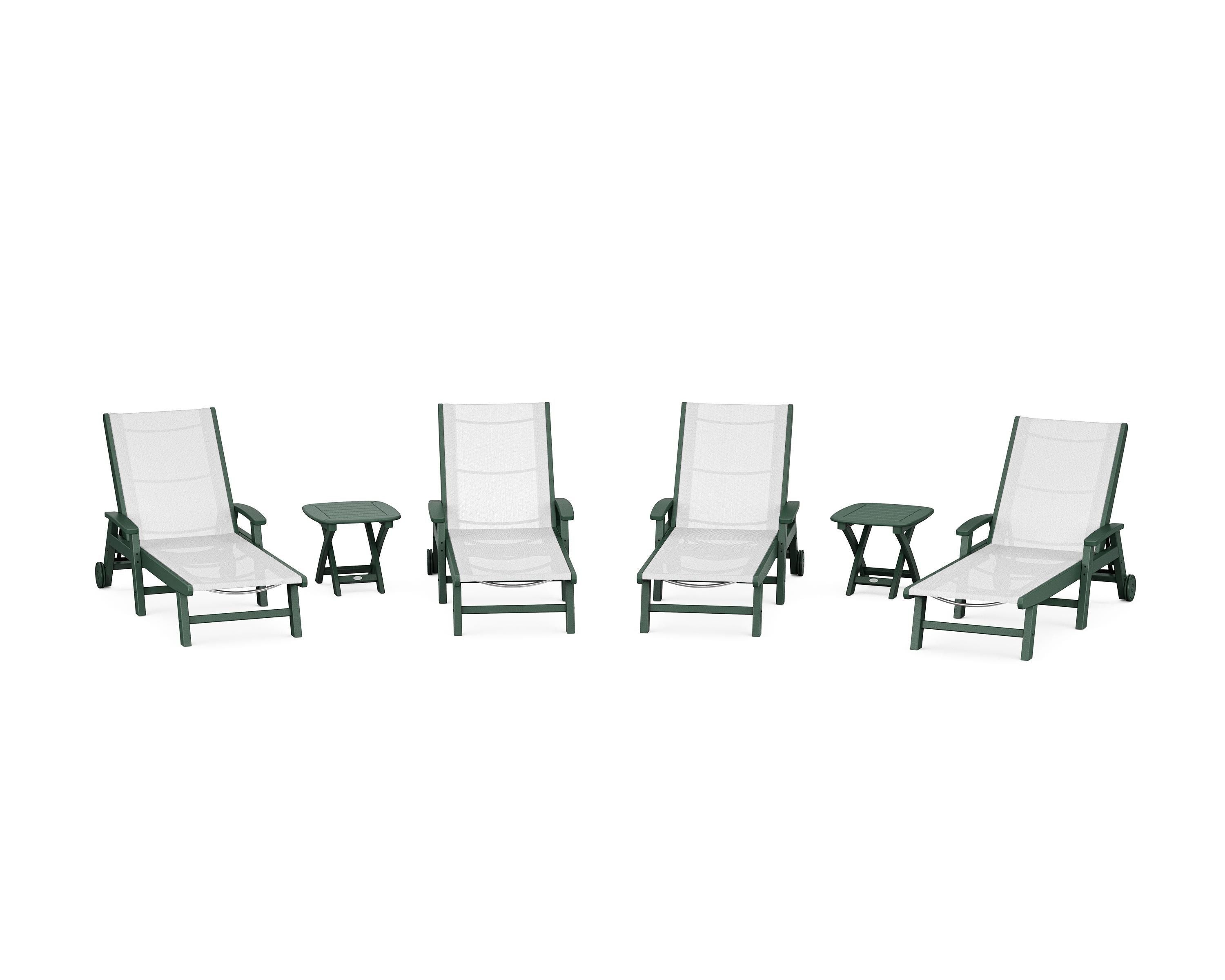 POLYWOOD® Coastal Chaise 6-Piece Set with Wheels in Green / White Sling