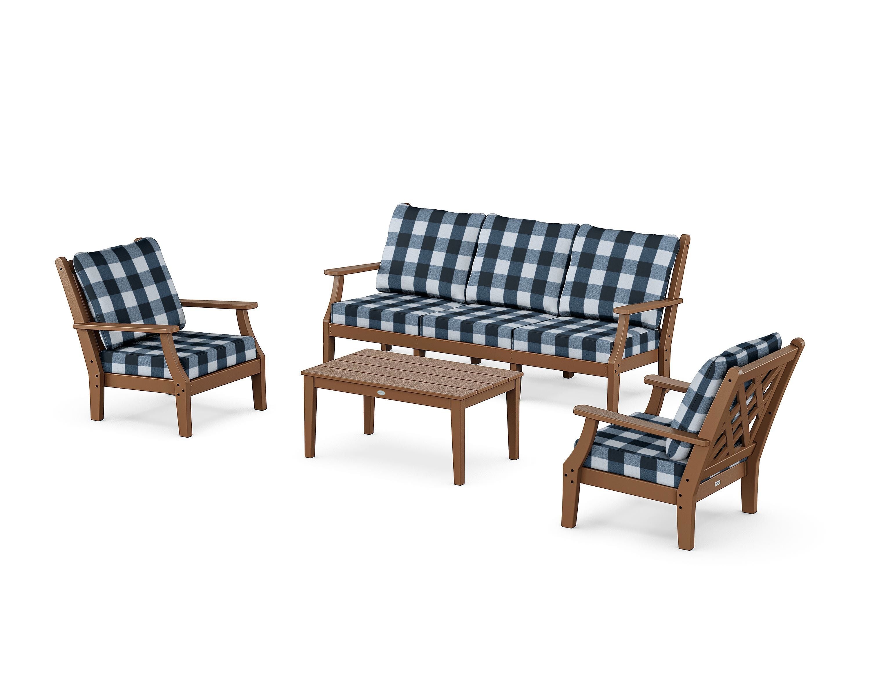 Country Living Wovendale 4-Piece Deep Seating Set with Sofa in Teak / Buffalo Plaid Marine Indigo