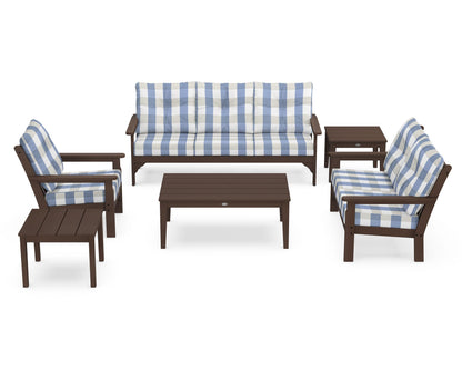 POLYWOOD® Vineyard 6-Piece Deep Seating Set in Mahogany / Buffalo Plaid Sky Blue