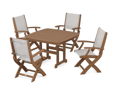 POLYWOOD® Coastal Folding Chair 5-Piece Dining Set in Teak / Parchment Sling