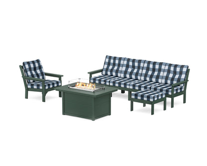 POLYWOOD® Vineyard Sectional Lounge and Fire Pit Set in Green / Buffalo Plaid Marine Indigo