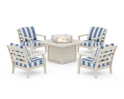 Draper James™ by  POLYWOOD® Savannah 5-Piece Deep Seating Set with Fire Pit Table in Sand / Cabana Stripe Sky Blue