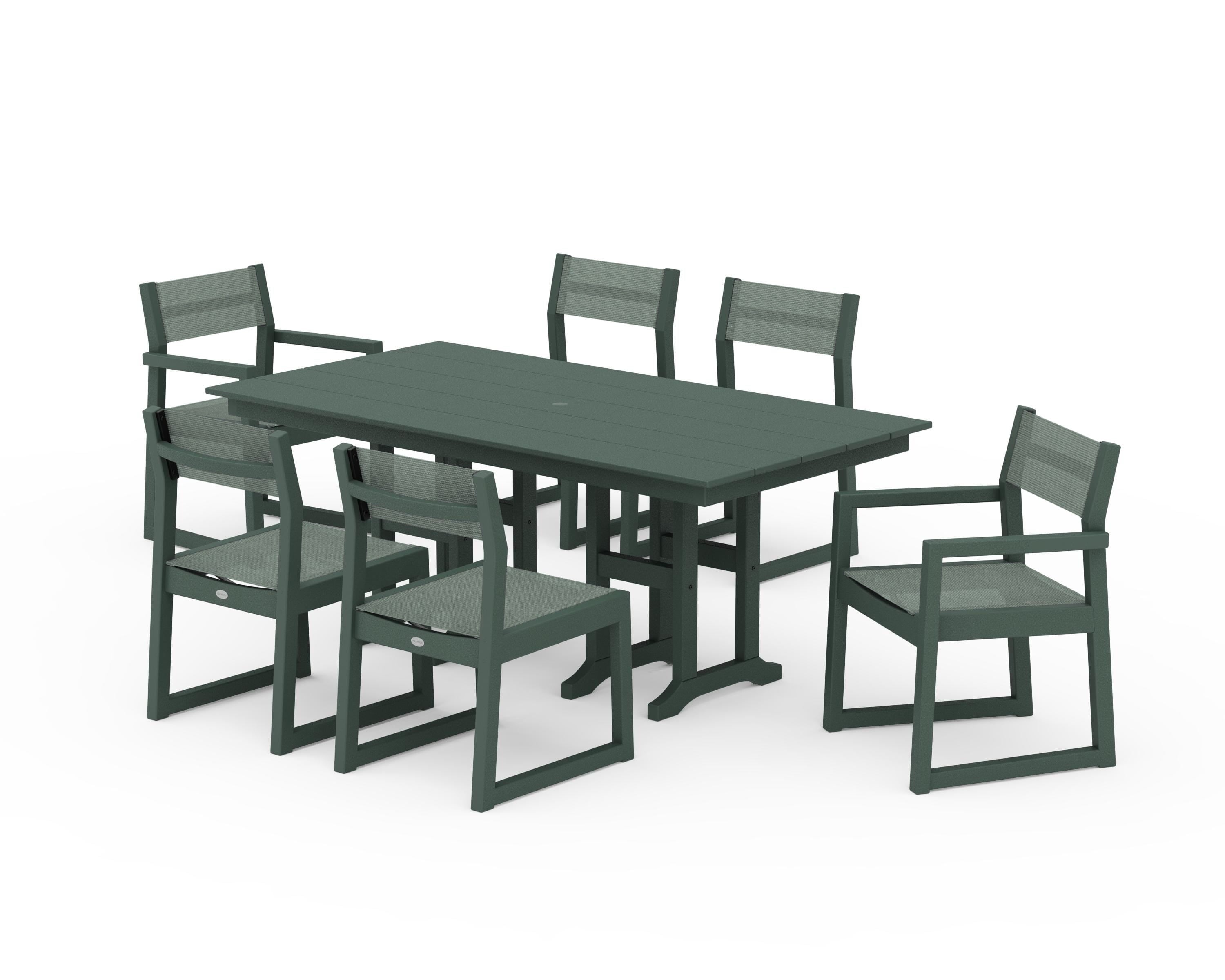 POLYWOOD® EDGE Sling 7-Piece Farmhouse Dining Set in Green / Dupioni Sea Mist Sling
