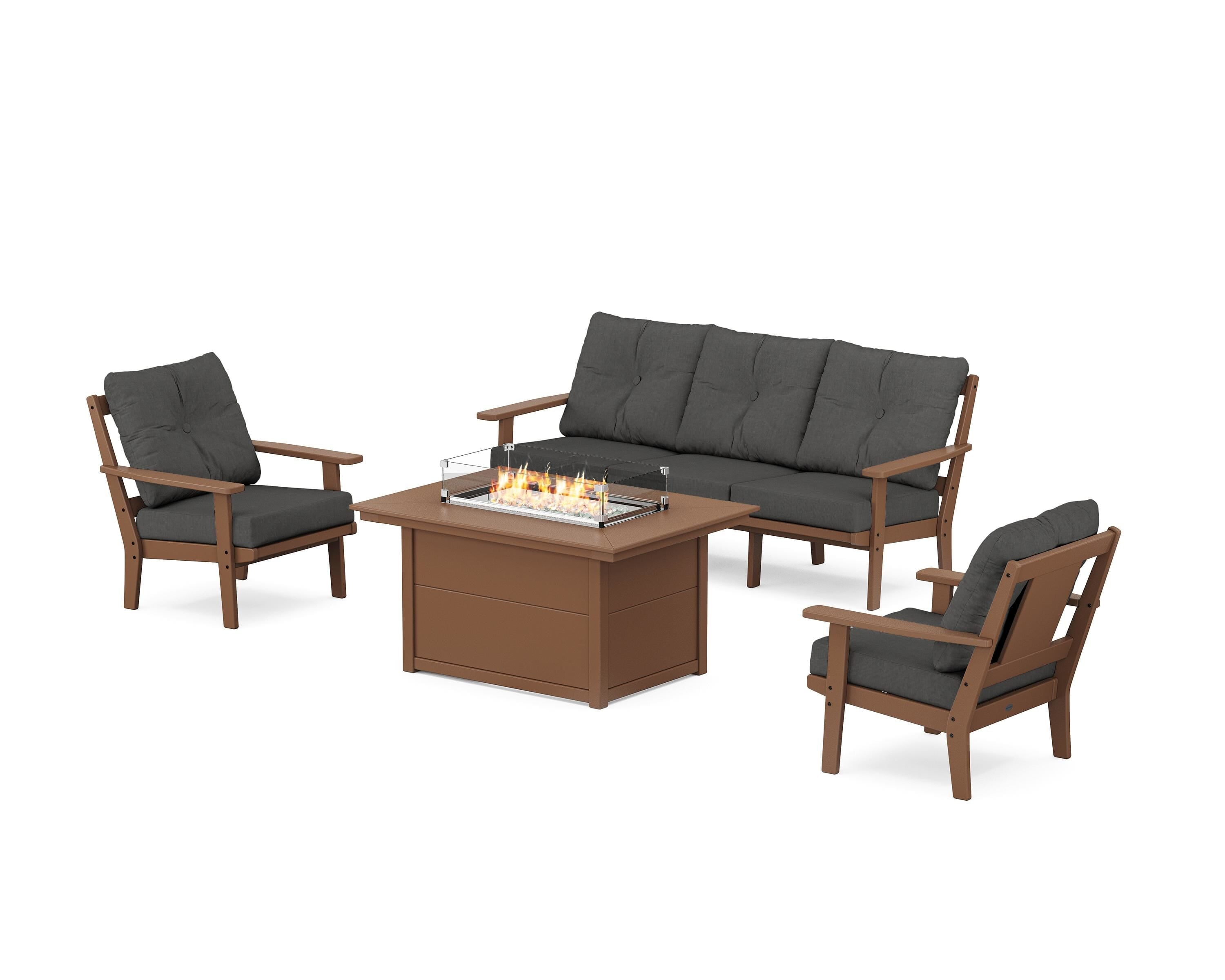 POLYWOOD® Prairie Deep Seating Fire Pit Table Set in Teak / Spectrum Carbon