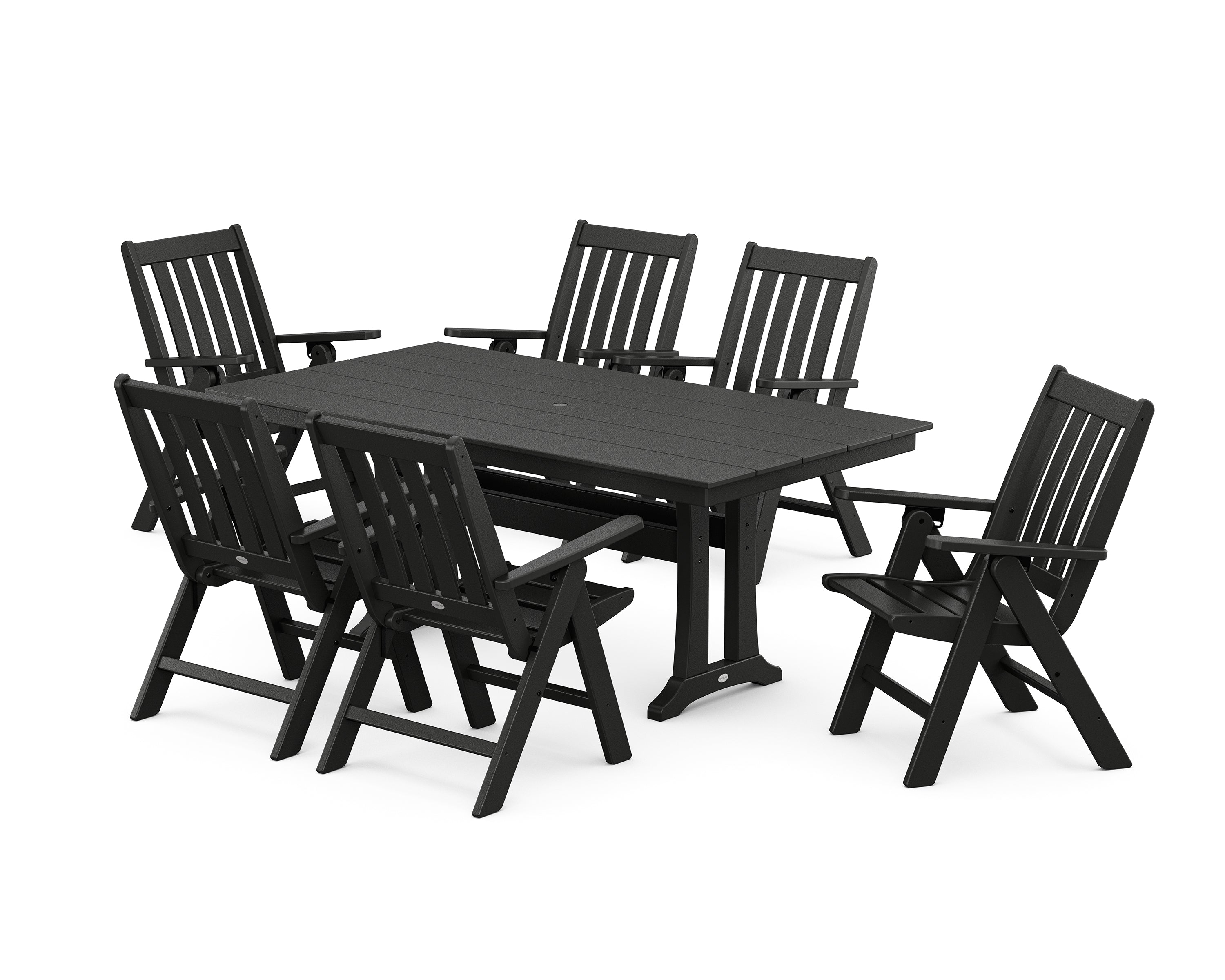 POLYWOOD® Vineyard Folding Chair 7-Piece Farmhouse Dining Set with Trestle Legs in Black
