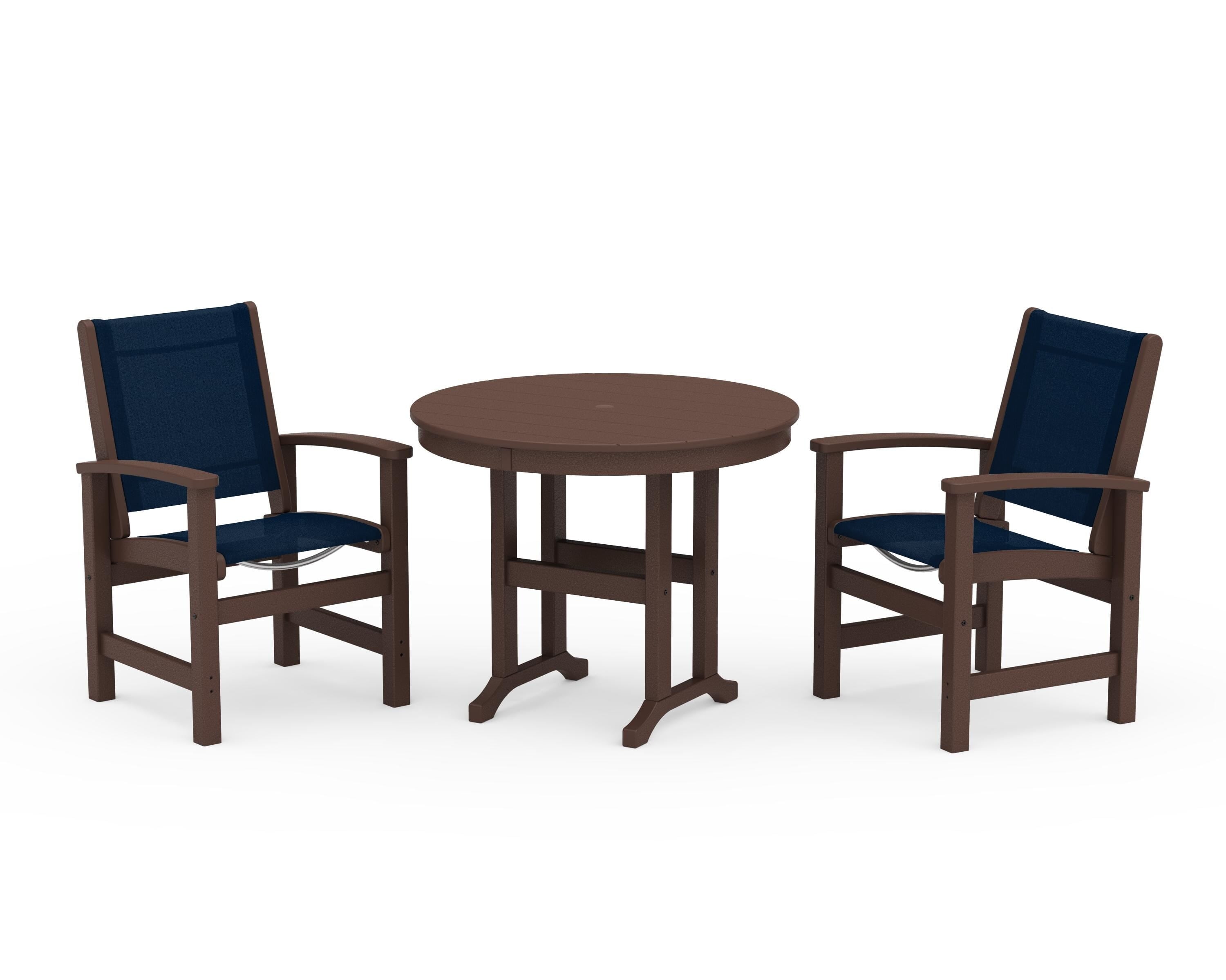 POLYWOOD® Coastal 3-Piece Round Dining Set in Mahogany / Navy Blue Sling