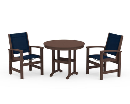 POLYWOOD® Coastal 3-Piece Round Dining Set in Mahogany / Navy Blue Sling