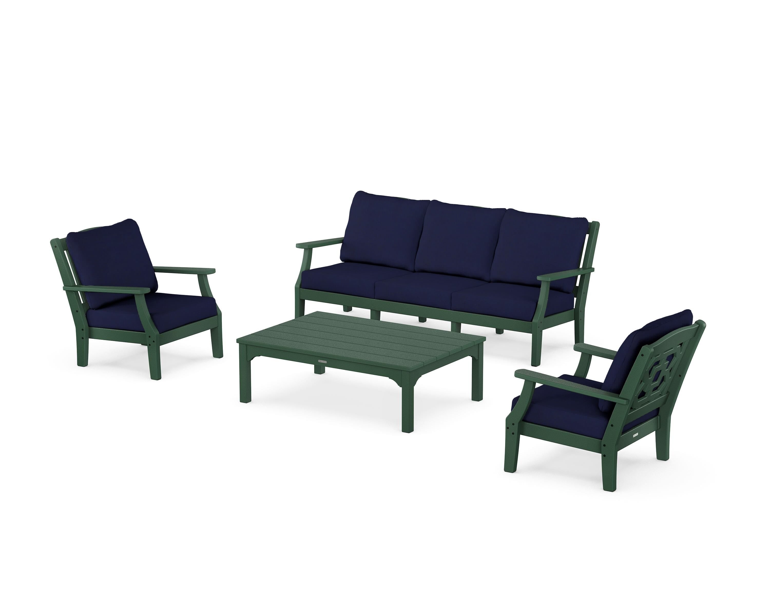 Martha Stewart by POLYWOOD® Chinoiserie 4-Piece Deep Seating Set with Sofa in Green / Navy