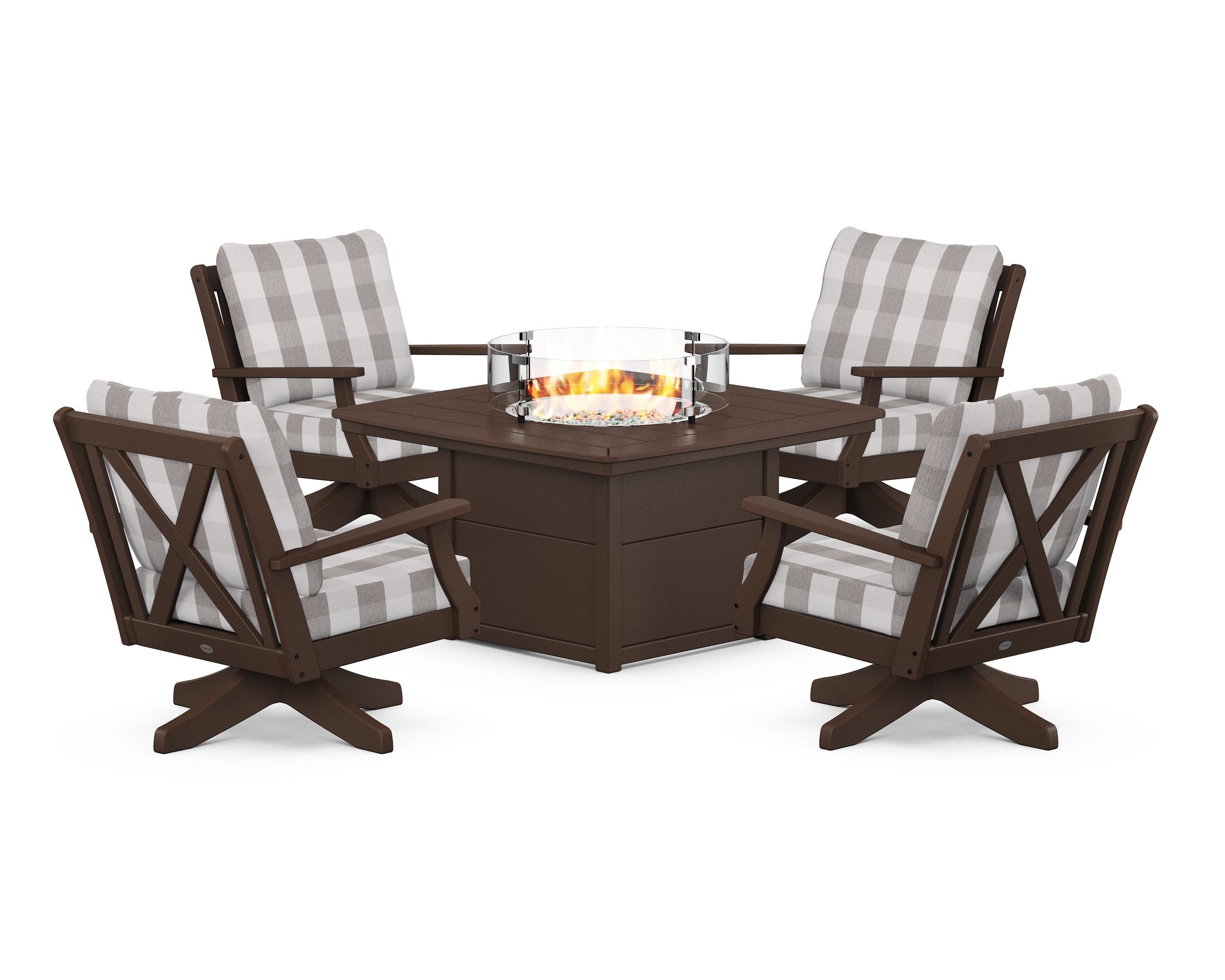 POLYWOOD® Braxton 5-Piece Deep Seating Swivel Conversation Set with Fire Pit Table in Mahogany / Buffalo Plaid Grey Mist