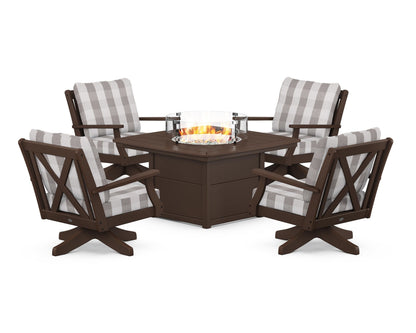 POLYWOOD® Braxton 5-Piece Deep Seating Swivel Conversation Set with Fire Pit Table in Mahogany / Buffalo Plaid Grey Mist