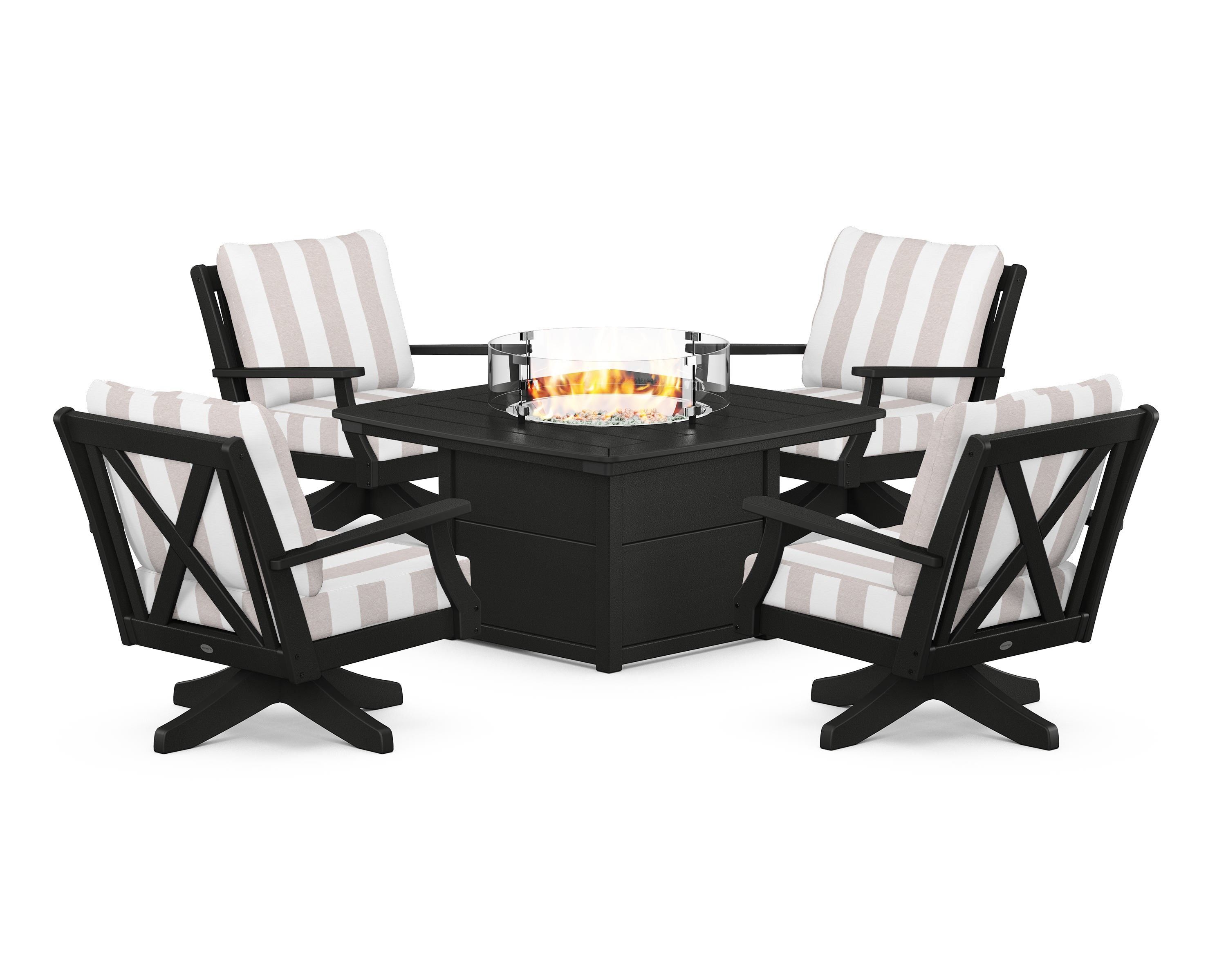 POLYWOOD® Braxton 5-Piece Deep Seating Swivel Conversation Set with Fire Pit Table in Black / Cabana Stripe Dune Burlap
