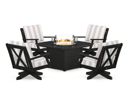 POLYWOOD® Braxton 5-Piece Deep Seating Swivel Conversation Set with Fire Pit Table in Black / Cabana Stripe Dune Burlap