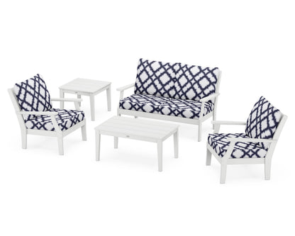 POLYWOOD® Braxton 5-Piece Deep Seating Set in White / Trellis Navy