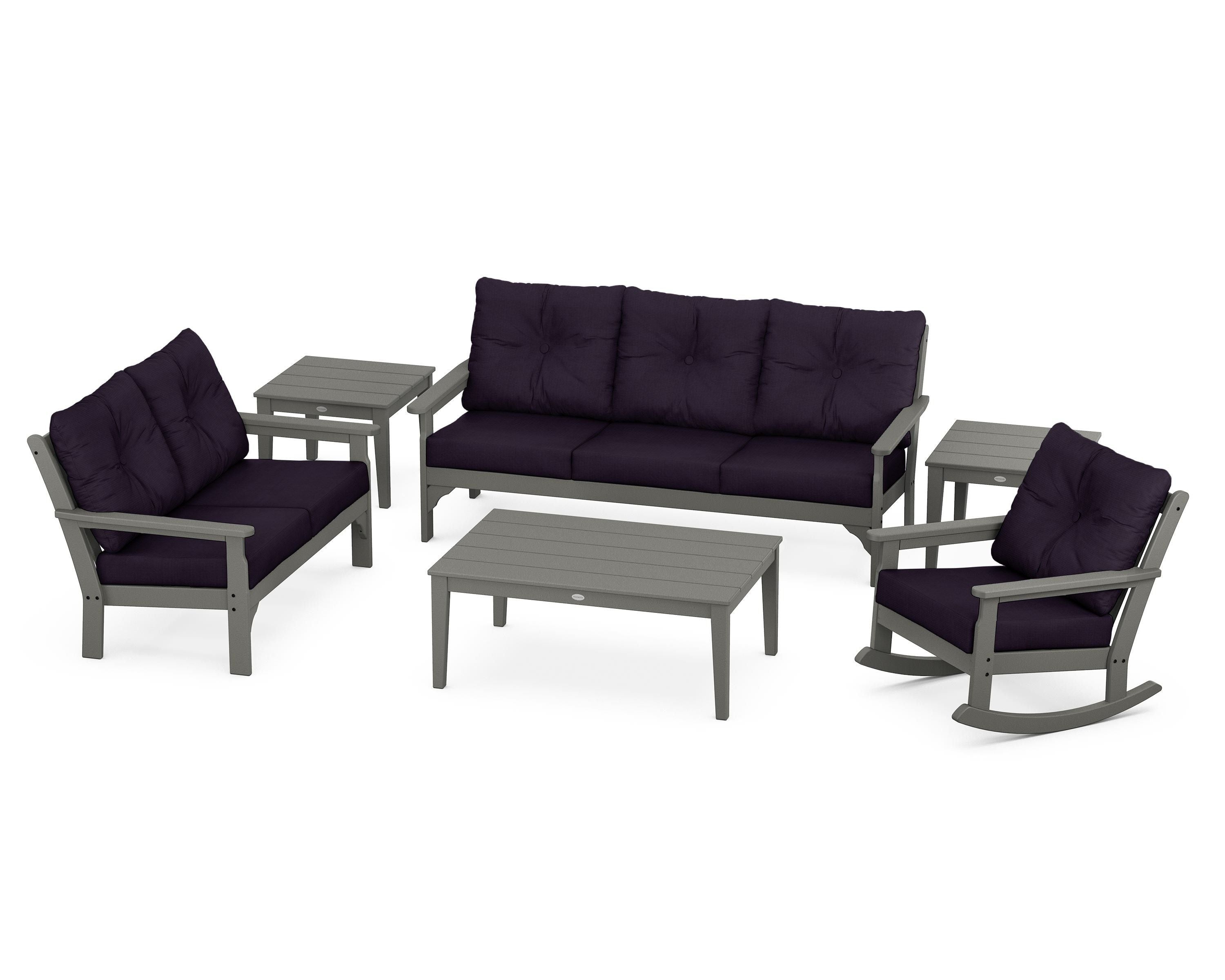 POLYWOOD® Vineyard 6-Piece Deep Seating Set in Slate Grey / Navy Linen