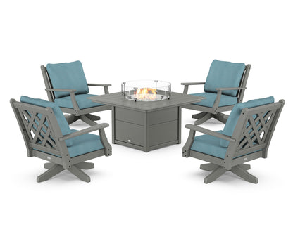 Country Living Wovendale 5-Piece Deep Seating Swivel Conversation Set with Fire Pit Table in Slate Grey / Lattice Sky Blue