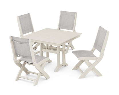 POLYWOOD® Coastal Folding Side Chair 5-Piece Farmhouse Dining Set With Trestle Legs in Sand / Parchment Sling