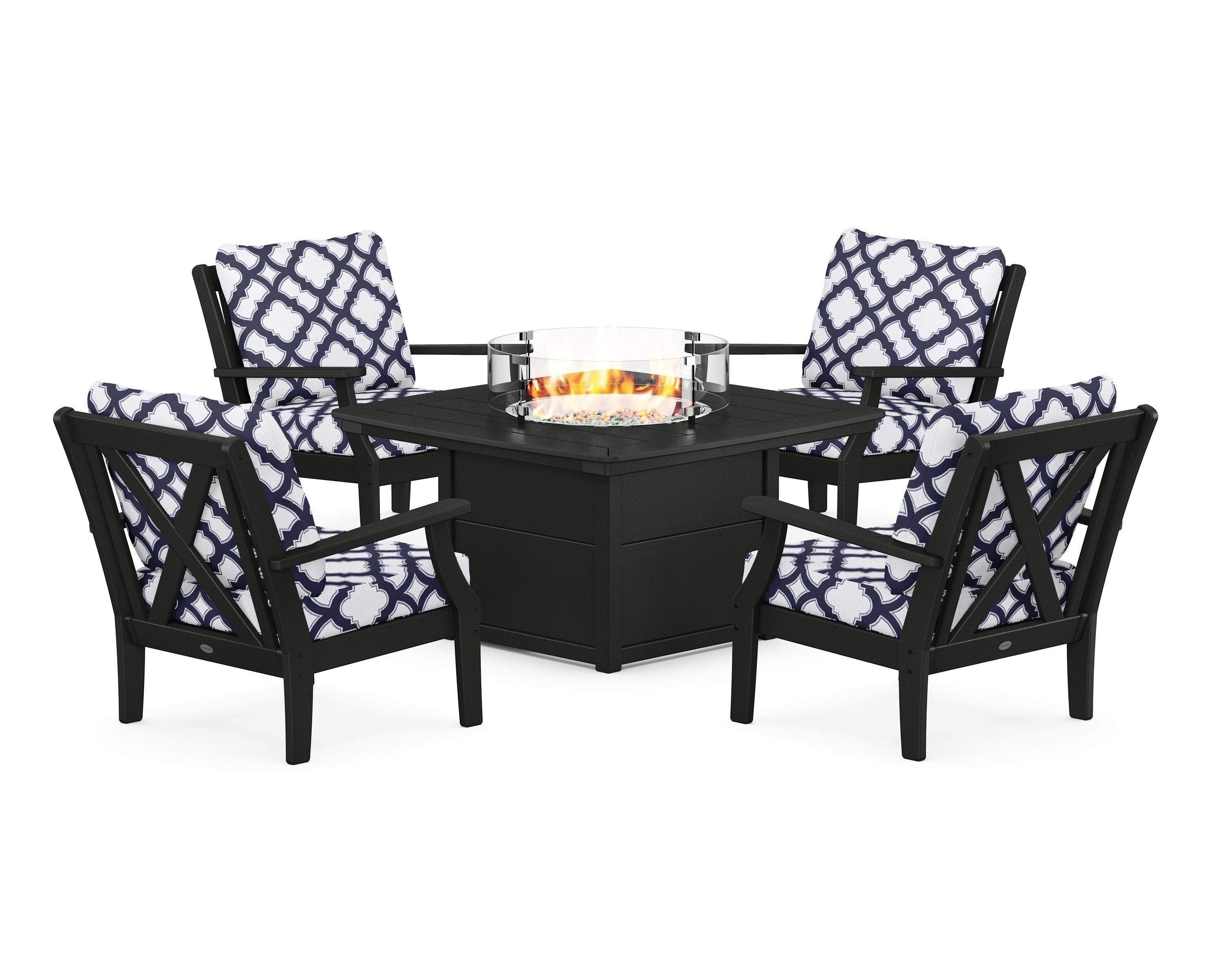 POLYWOOD® Braxton 5-Piece Deep Seating Conversation Set with Fire Pit Table in Black / Trellis Navy