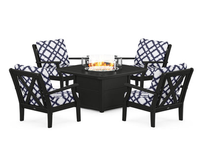 POLYWOOD® Braxton 5-Piece Deep Seating Conversation Set with Fire Pit Table in Black / Trellis Navy