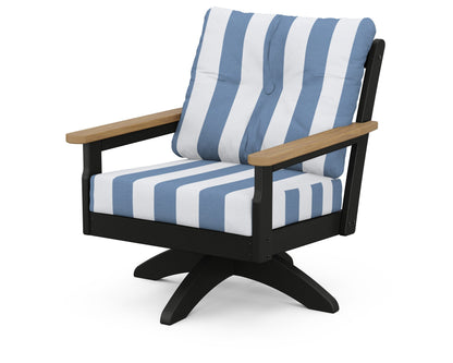 POLYWOOD® Vineyard Deep Seating Swivel Chair in Black / Natural / Cabana Stripe Sky Blue