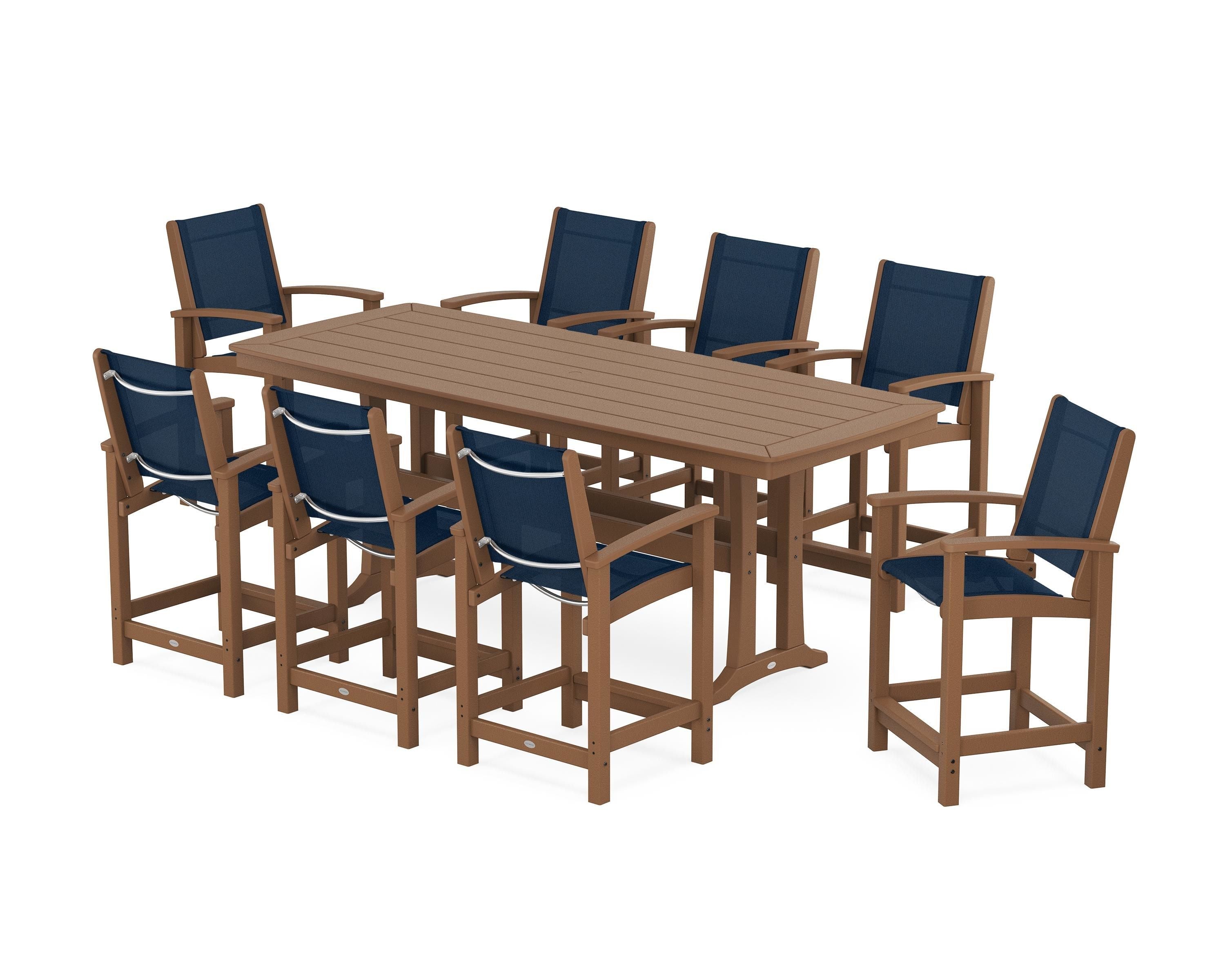 POLYWOOD® Coastal 9-Piece Counter Set with Trestle Legs in Teak / Navy Blue Sling
