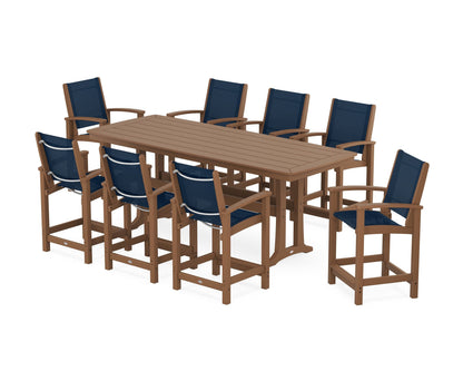 POLYWOOD® Coastal 9-Piece Counter Set with Trestle Legs in Teak / Navy Blue Sling