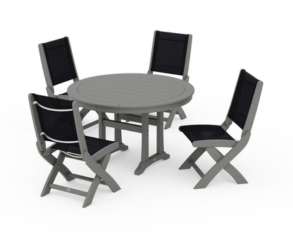 POLYWOOD® Coastal Folding Side Chair 5-Piece Round Dining Set With Trestle Legs in Slate Grey / Black Sling