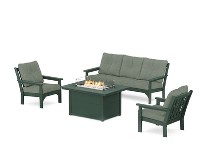 POLYWOOD® Vineyard Deep Seating Fire Pit Table Set in Green / Cast Sage