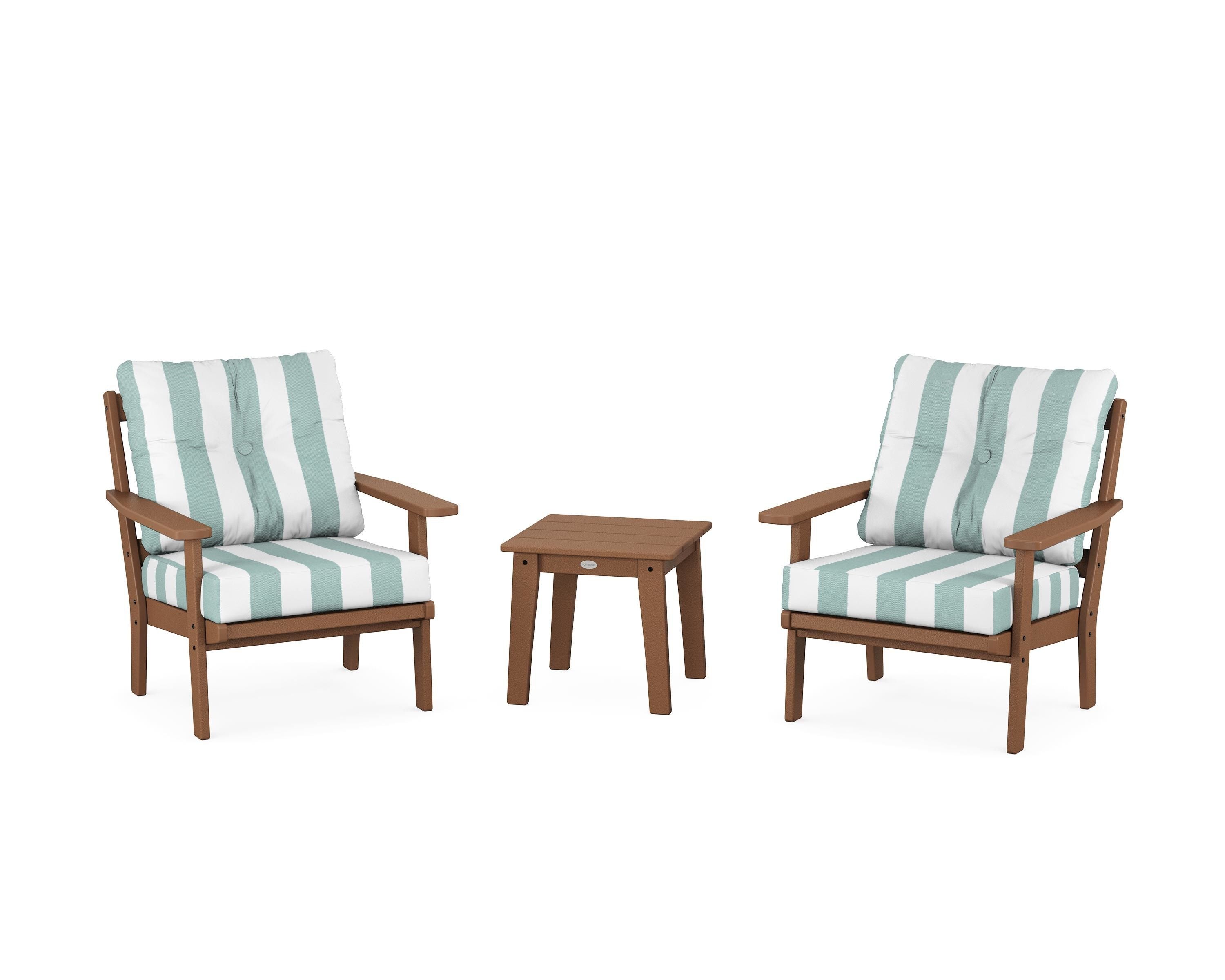 POLYWOOD® Oxford 3-Piece Deep Seating Set in Teak / Cabana Stripe Glacier Spa