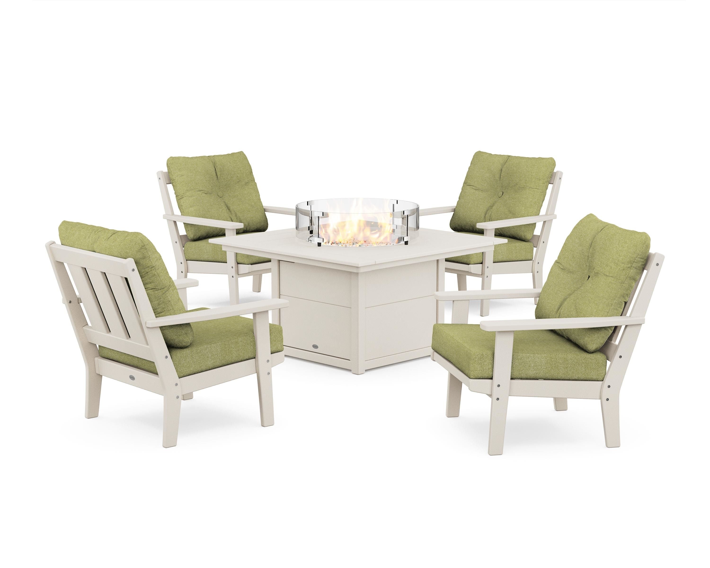 POLYWOOD® Oxford 5-Piece Deep Seating Set with Fire Pit Table in Sand / Chartreuse Boucle
